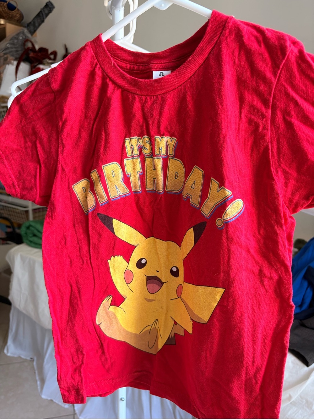 Tultex Red Kids Tee with Yellow Pikachu "It's My Birthday" Graphic